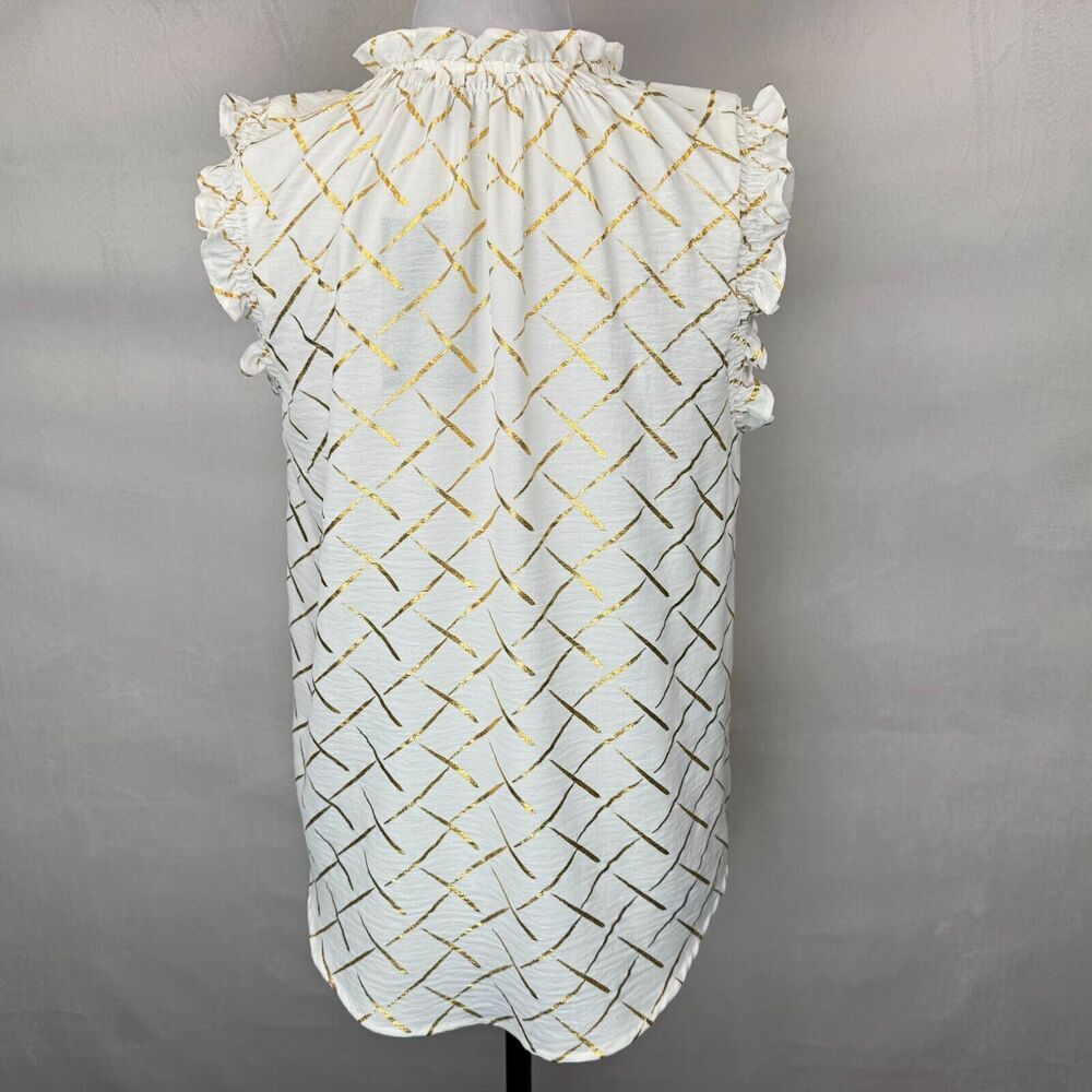 Como Black Ladies Sz S Blouse White Gold Print ruched round neck keyhole