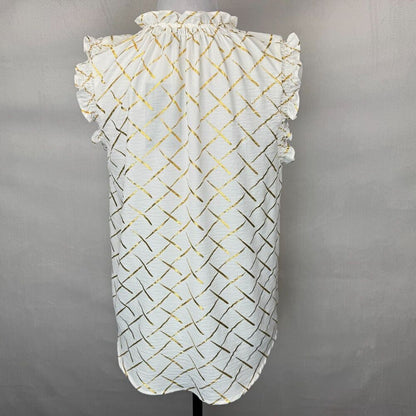 Como Black Ladies Sz S Blouse White Gold Print ruched round neck keyhole