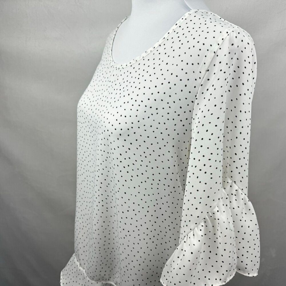 Sienna Sky Sz L Polka Dot Ruffle Hem Blouse Boat Neck 3/4 Flared Sleeve Career
