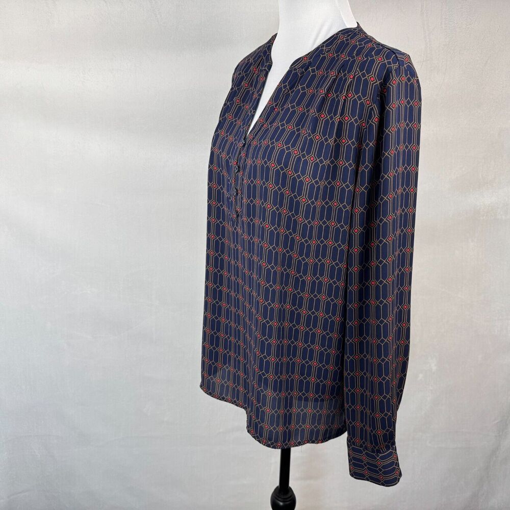 Pleione Women Blouse Sz L Blue Red Split Neckline Button Front Long Sleeves