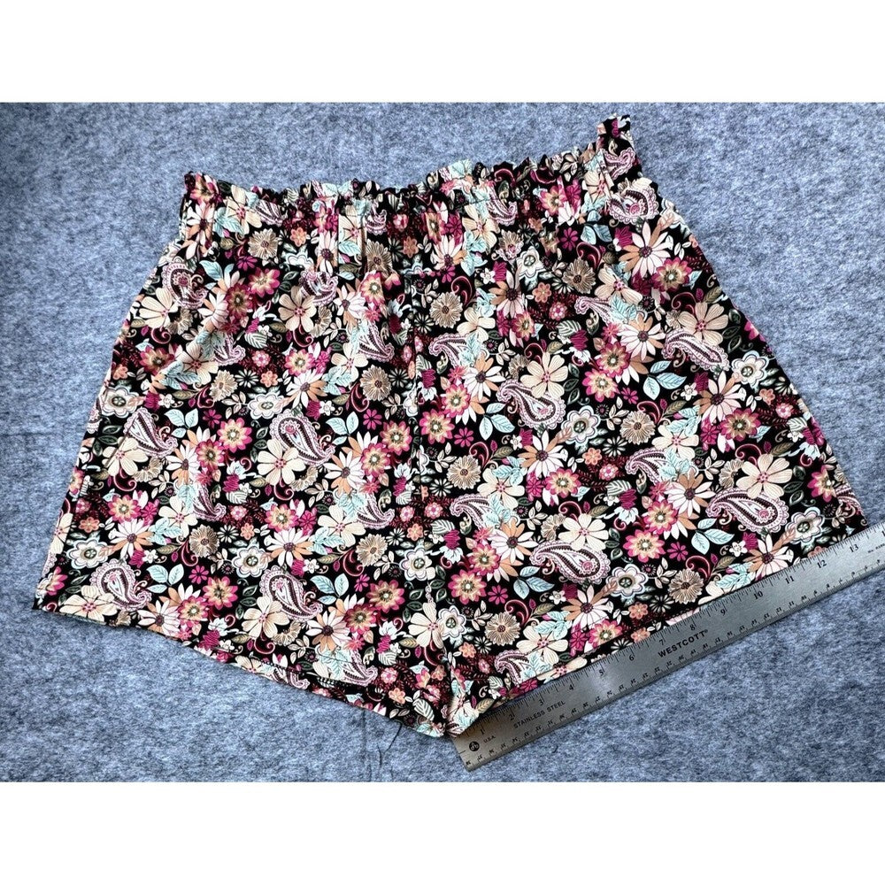 Skue Women Short Sz L Paperbag Black Short Floral Print High Rise