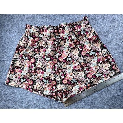 Skue Women Short Sz L Paperbag Black Short Floral Print High Rise