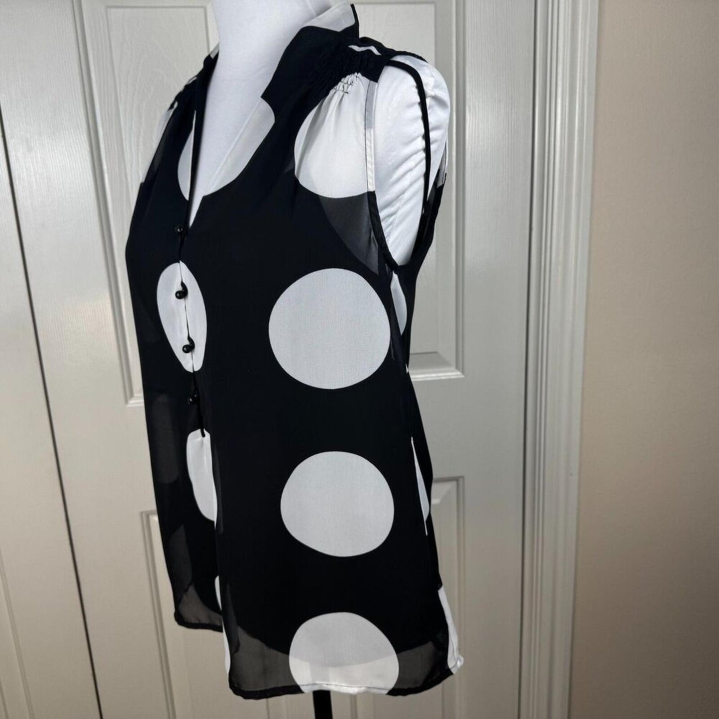 ECI Blouse Sz S Sheer Black White Large Polka Dot Front Buttons VNeck Sleeveless