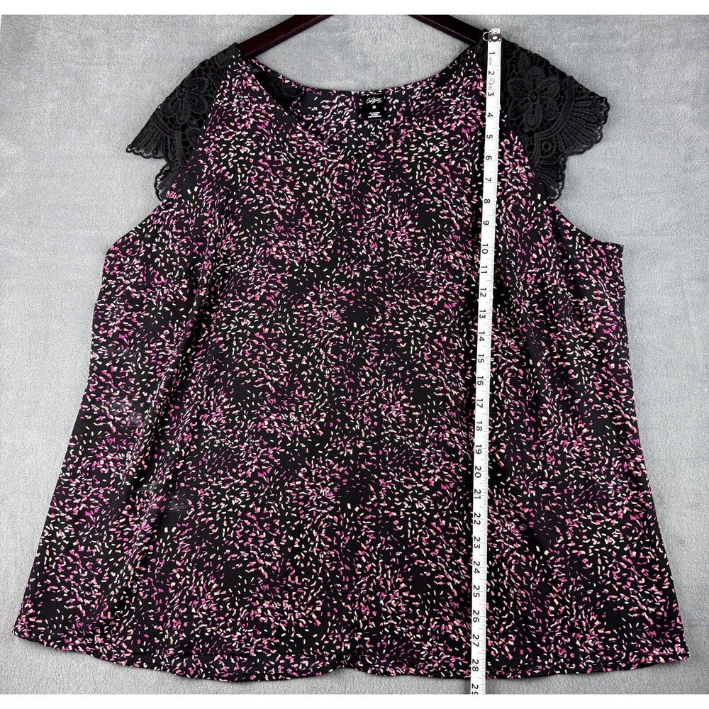 City Streets Top Sz 2X Black and Print Red Orange Lace Cap Sleeve V-Neck