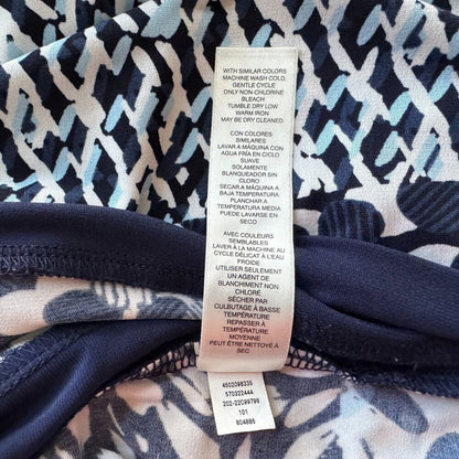 Chico's Tunic Sz 1 Blue Round Neck Geometric Print 3/4 Length Sleeve Side Slits