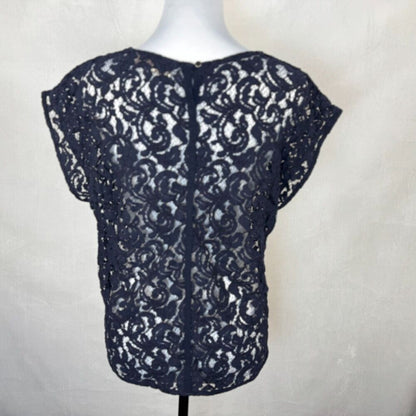 Loft Women Sz L Navy Lace Crochet Round Neck Cap Sleeve