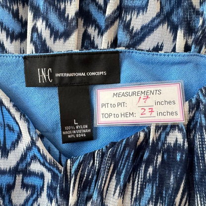 INC Women Tank Top Sz L Mesh Blue Geometric Print Black White V-Neck