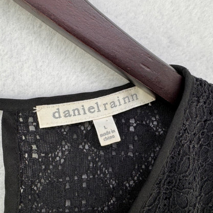 Daniel Rainn Ladies Blouse Sz L Sheer Black Tan Gray paisley Lace neckline