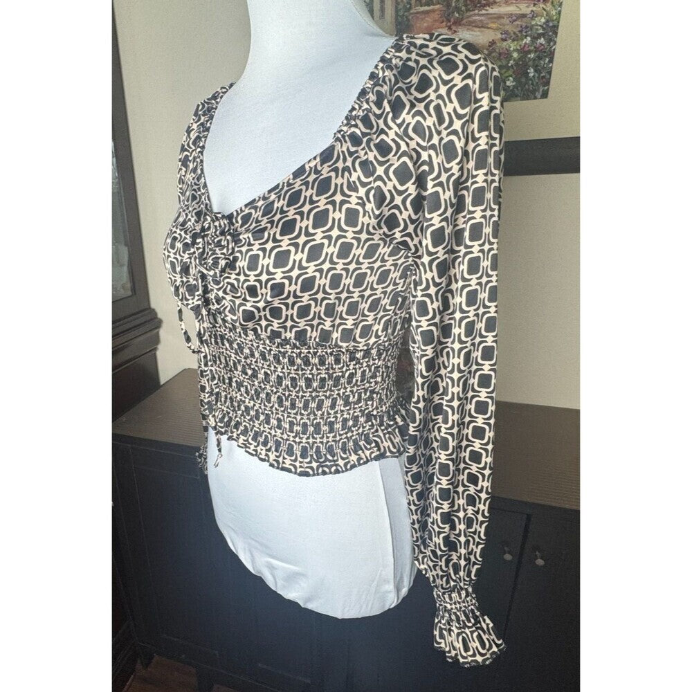 Almost Famous Crop Top Sz XS Satin Black Taupe Sweetheart Neck Long Sleeve