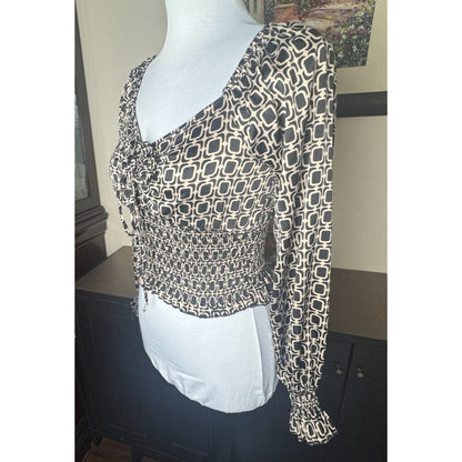 Almost Famous Crop Top Sz XS Satin Black Taupe Sweetheart Neck Long Sleeve