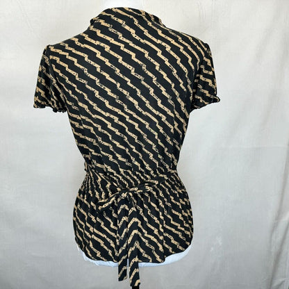 PSE Top Sz M Black Geometric Beige Print Split Neck Peplum Short Balloon Sleeve
