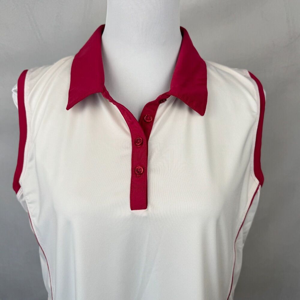 Maggie Lane Women Golf Top Sz L Collared Henley Sleeveless White Pink