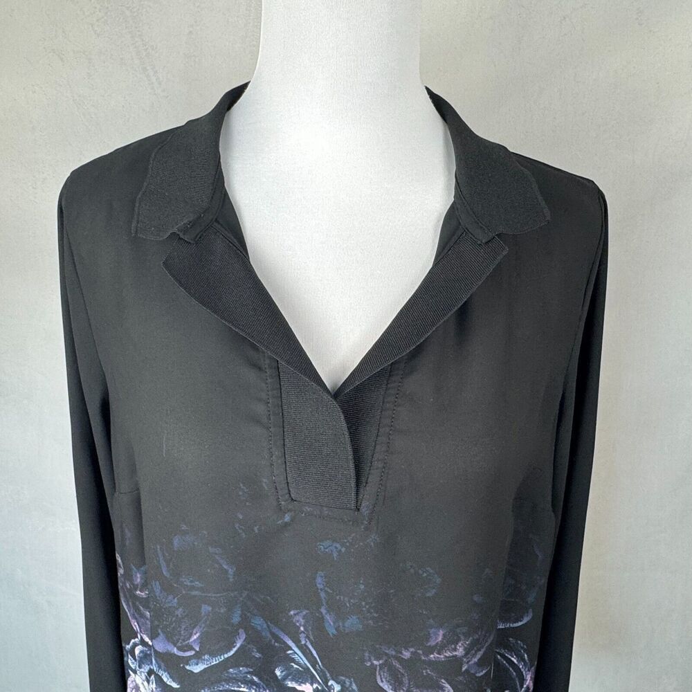 Simply Vera Vera Wang Women Sz M Sheer Black Tunic Floral Print Semi Open Back
