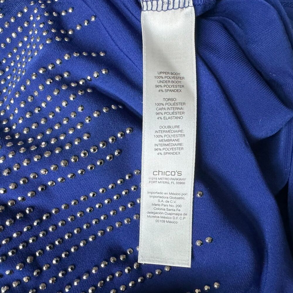 Chico's Top Sz 1 Blue Tunic Silver Embellished Round Neck 3/4 Sleeve Back Slit