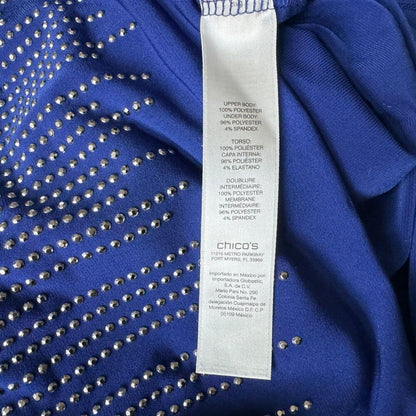 Chico's Top Sz 1 Blue Tunic Silver Embellished Round Neck 3/4 Sleeve Back Slit