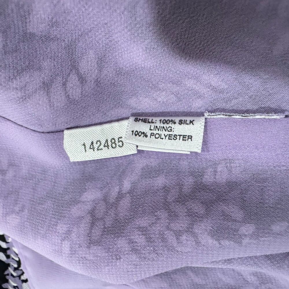 Ann Taylor Top Sz 0 Black and Lilac Print V-Neck Long Sleeve Side Zip 100% Silk