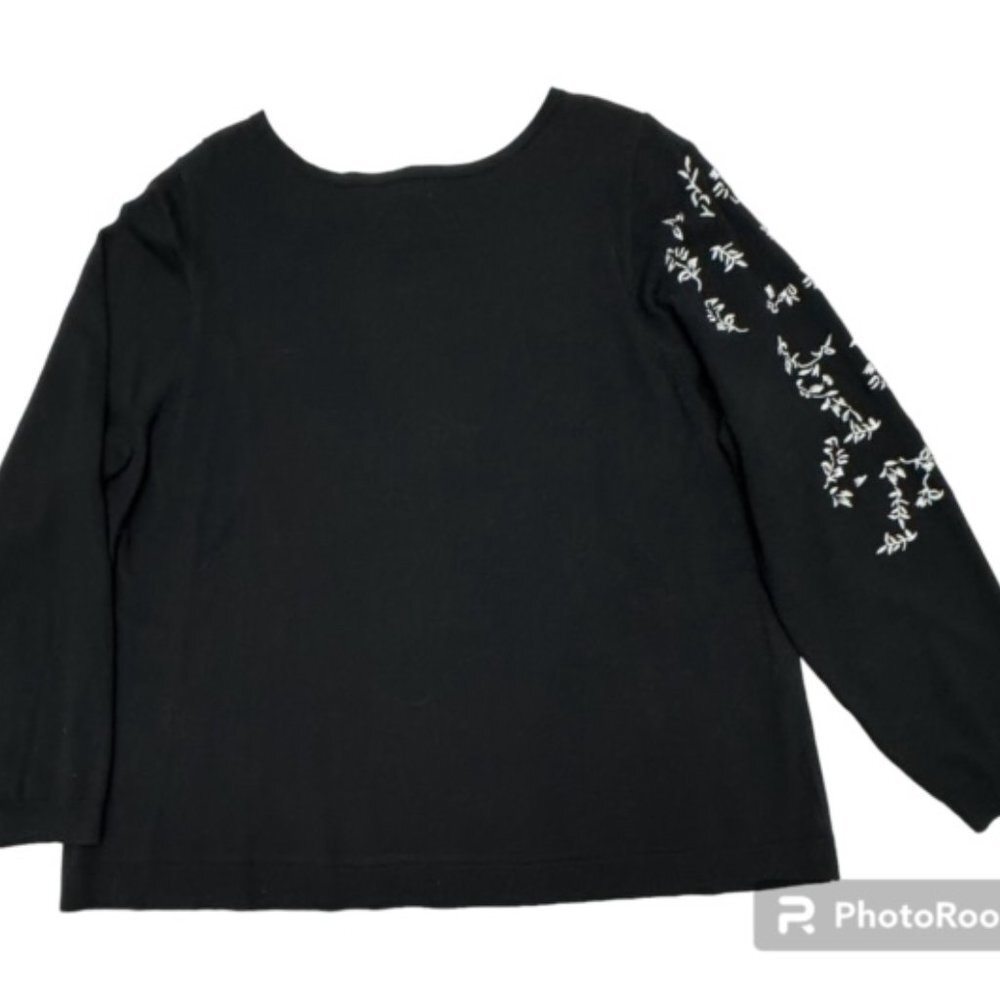 Charter Club Sz 3X Black Sweater White Embroidered Long Sleeves Boat Neck