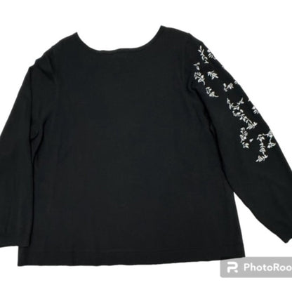 Charter Club Sz 3X Black Sweater White Embroidered Long Sleeves Boat Neck