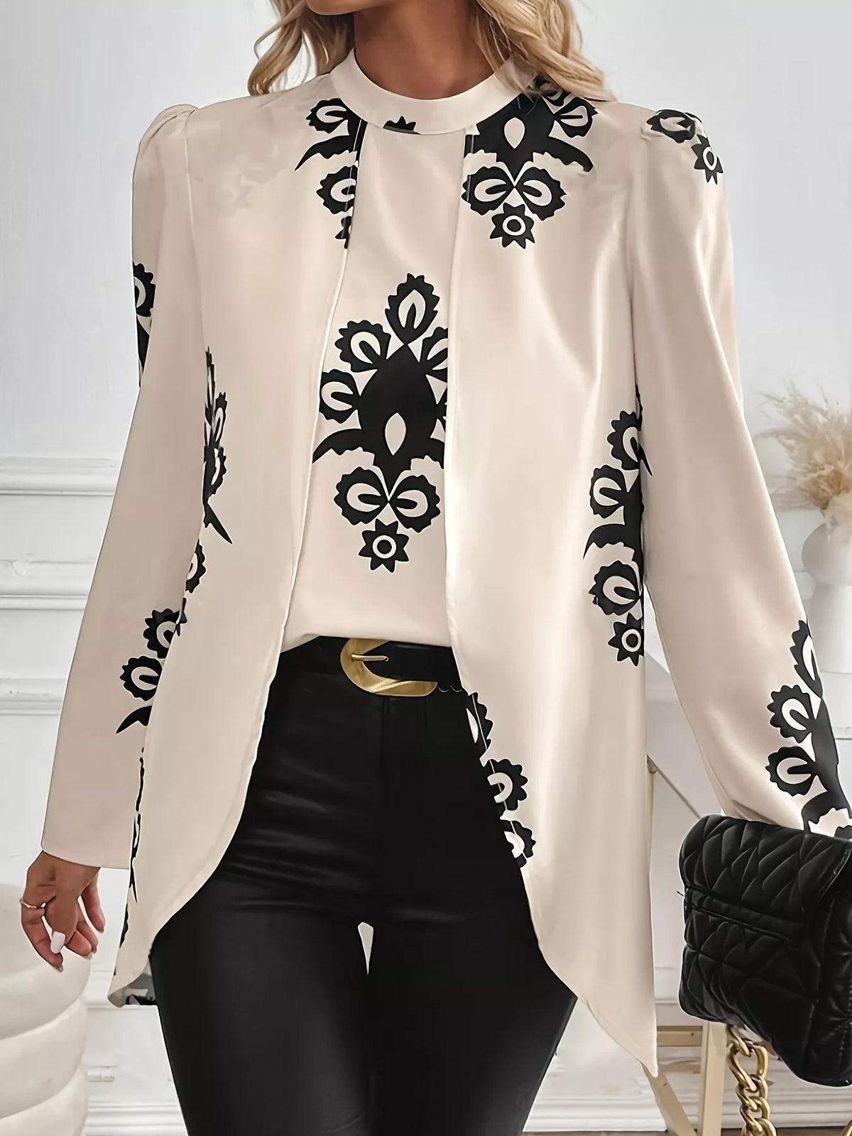 Simply Love Women's Cream & Black Ornamental Print Long Sleeve Blouse