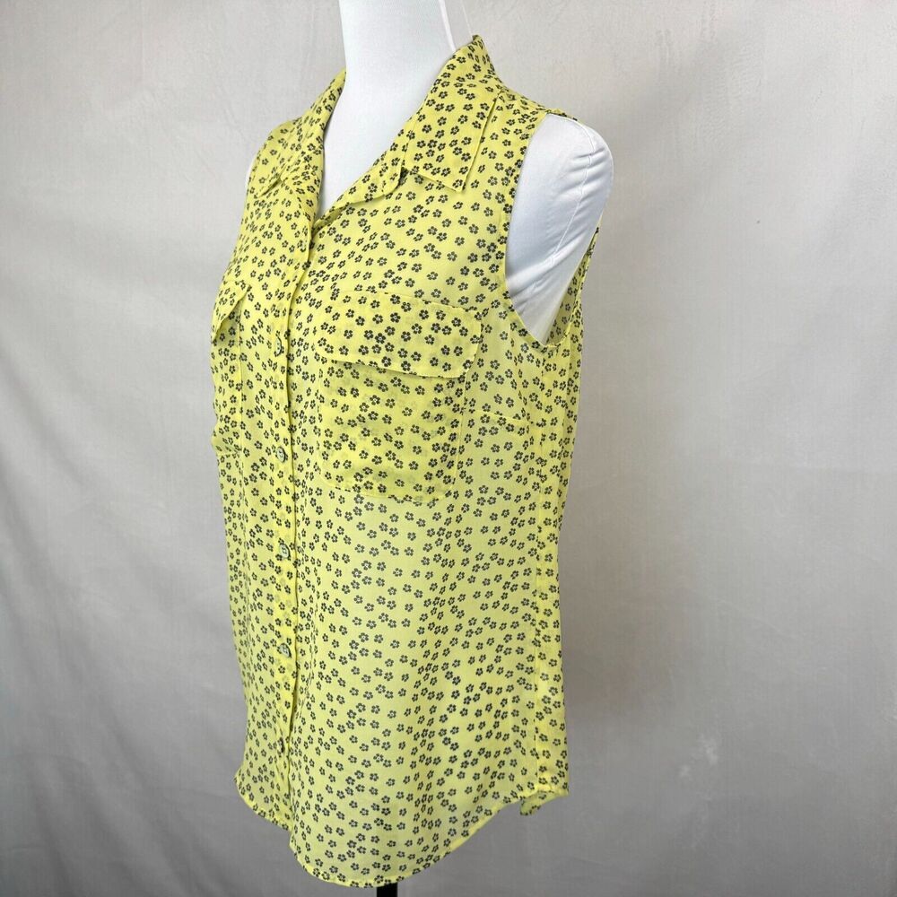 Cabi Viola Blouse Sz S Yellow Black Daisy Sleeveless Chiffon Sheer Button Down