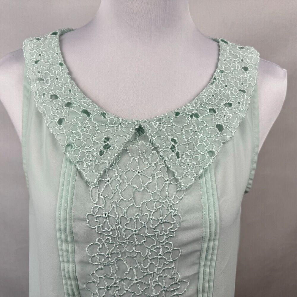 LC Lauren Conrad Sheer Blouse Sz S Embroidered Pleated Green Collared Sleeveless