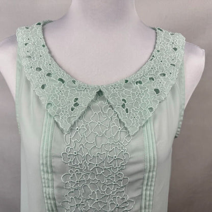 LC Lauren Conrad Sheer Blouse Sz S Embroidered Pleated Green Collared Sleeveless