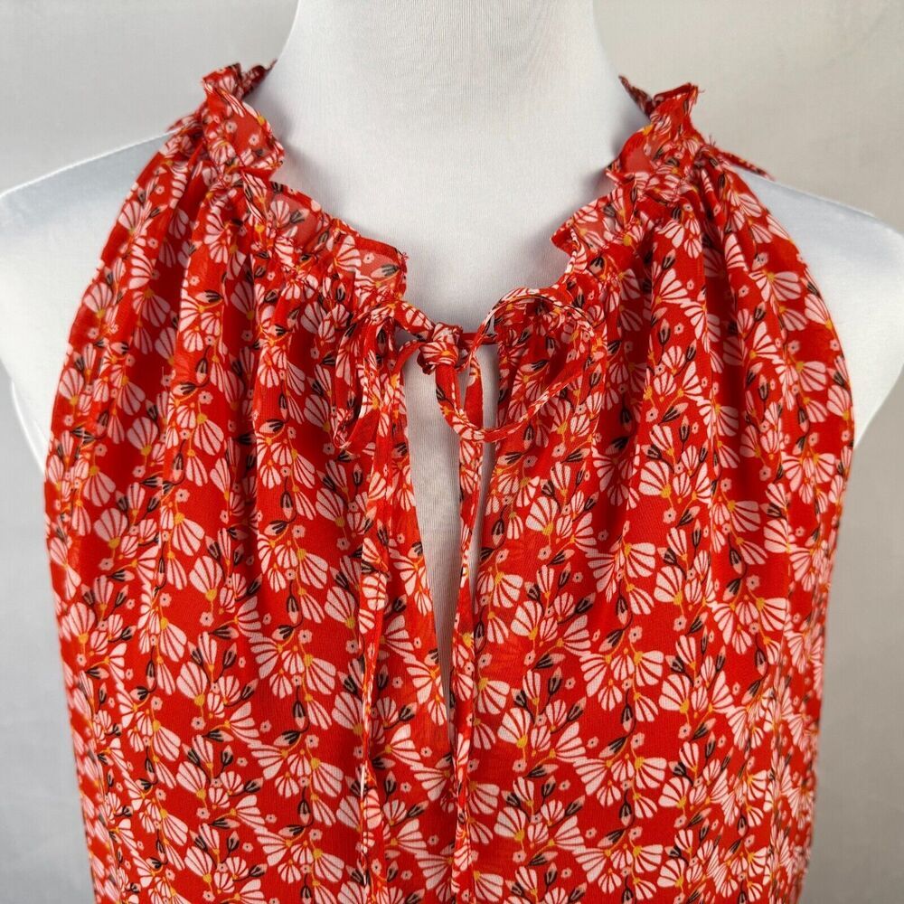 Max Studio Blouse Sz M Red Floral Ruffle Neck Drawstring Tie Lined Sleeveless