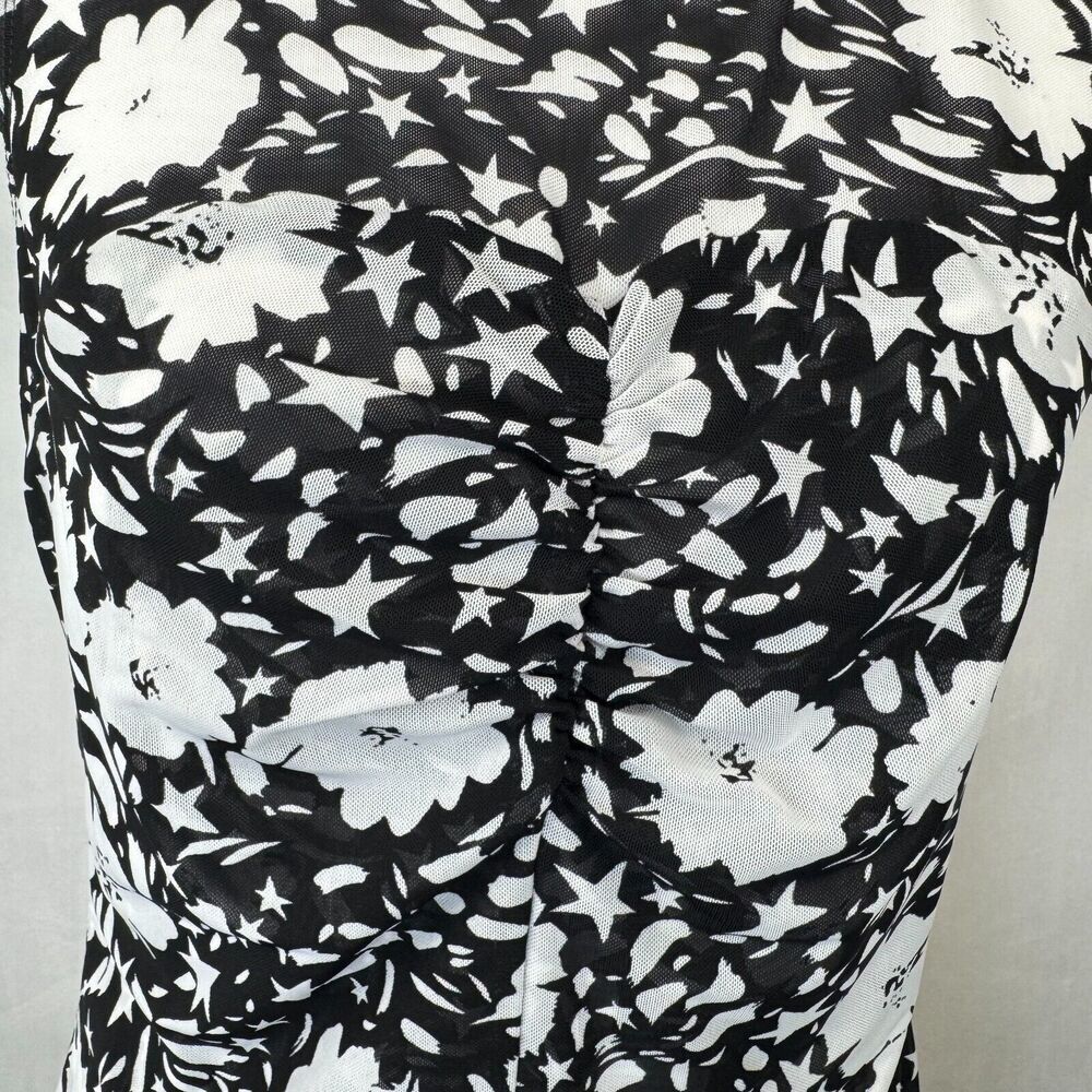 Cabi Women Top Sz S Stretch Mesh Black Floral Print Ruched Front Center