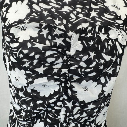 Cabi Women Top Sz S Stretch Mesh Black Floral Print Ruched Front Center