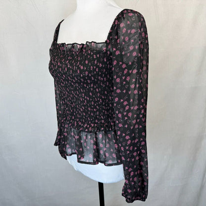 Mi Ami Top Sz M Sheer Cropped Black Square Neck Floral Long Sleeve