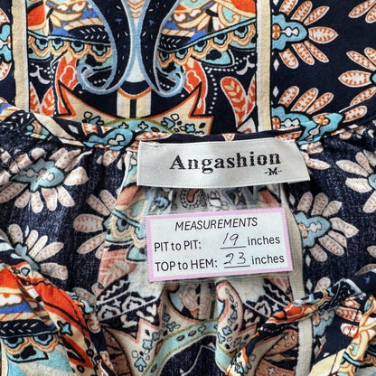 Angashion Top Sz M Black Multicolor Print Flutter Raglan Sleeve Split Neck Tie