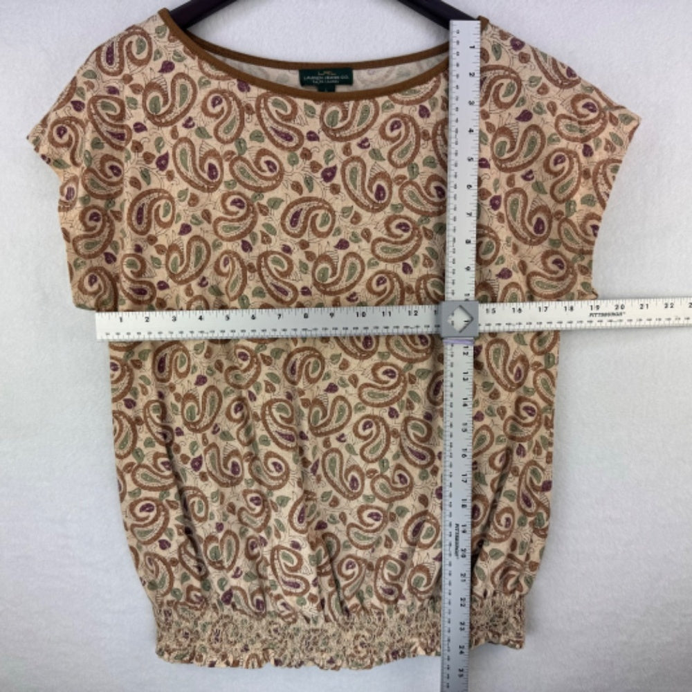 LRL Lauren Jeans Top Sz L Faux suede trim Beige Paisley knit cotton shirred hem