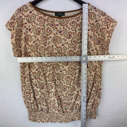 LRL Lauren Jeans Top Sz L Faux suede trim Beige Paisley knit cotton shirred hem