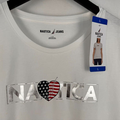 Nautica Jeans Sz L NWT White Short Sleeve Women's Shirt Sparkling