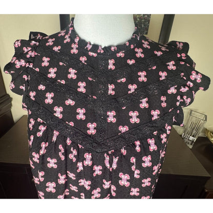 Rose & Olive Top Sz S Black Floral Ruffle Crew Neck Crochet Trim Flutter Sleeve