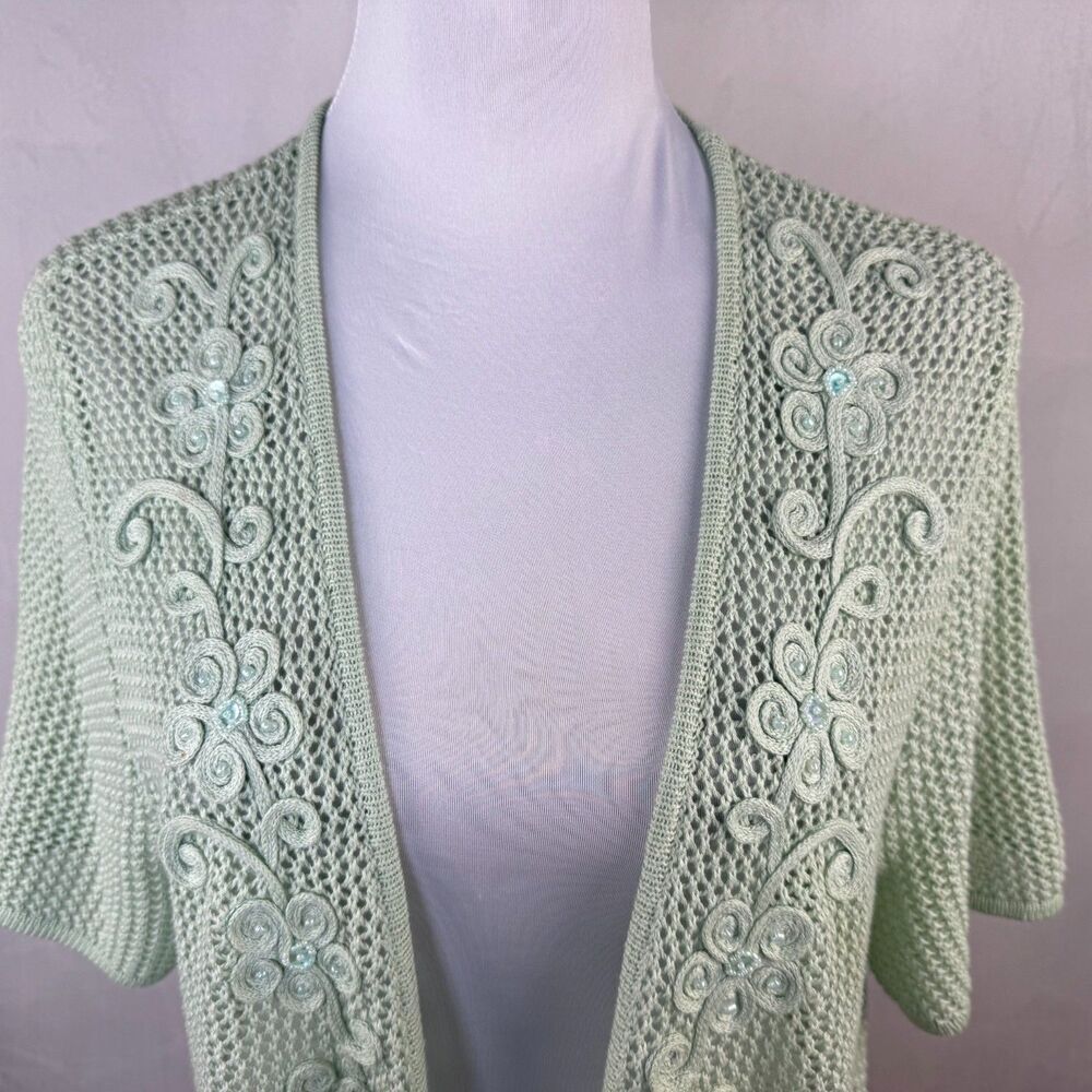 Alfred Dunner Women Sz L Crochet Knit Embroidered Open Cardigan Cotton NWOT