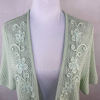 Alfred Dunner Women Sz L Crochet Knit Embroidered Open Cardigan Cotton NWOT