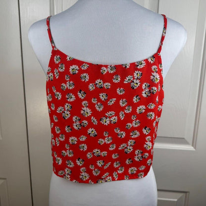 Papermoon Women Top Sz S Red Flower Print Buttons Round Neck Straps Front Tie