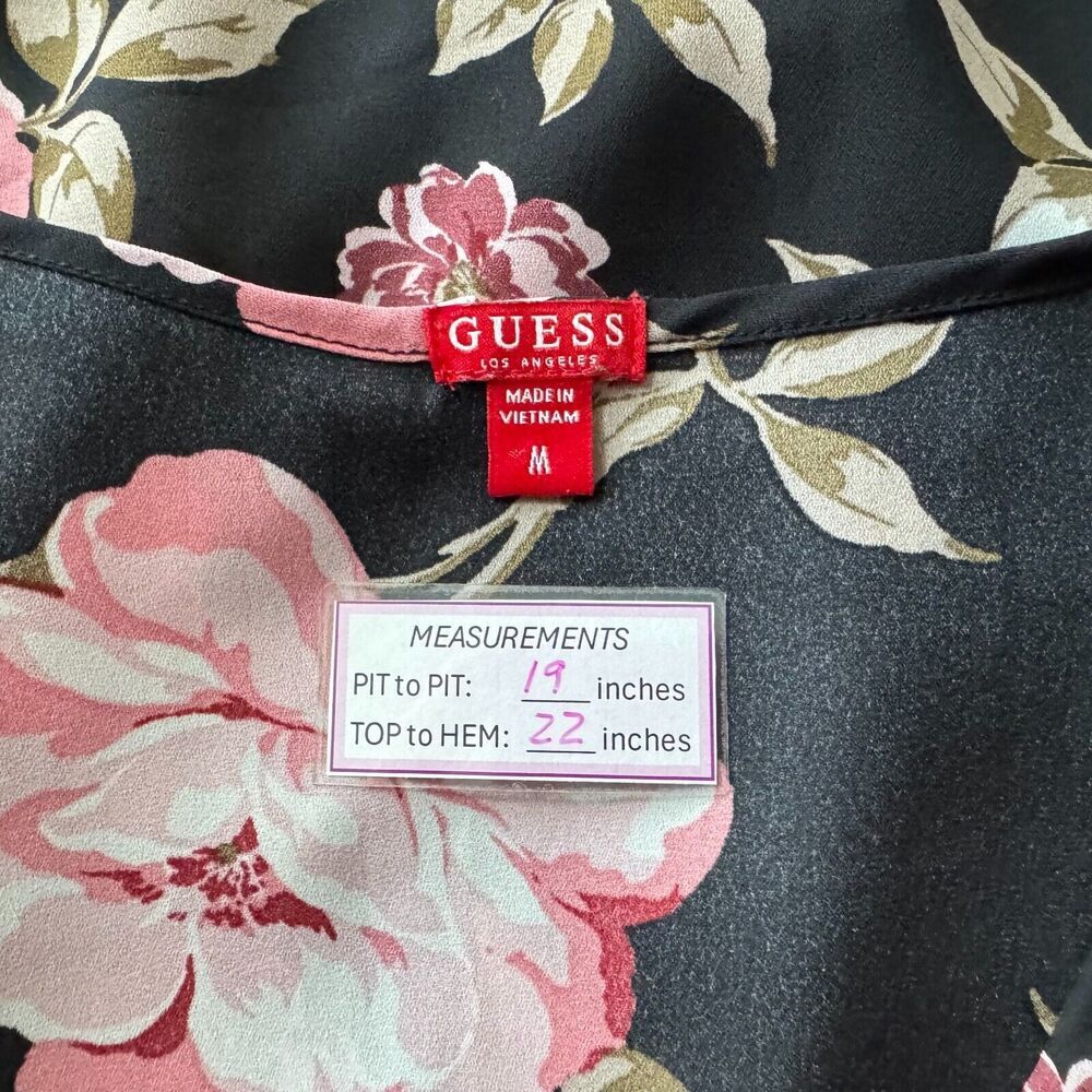 Guess Women Top Sz M Black Red Floral Print VNeck Front Waist Tie Cuffed Sleeves