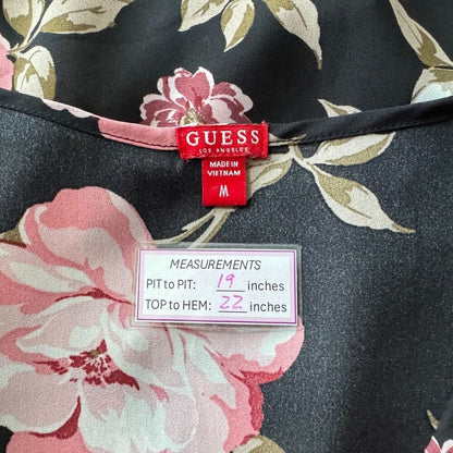 Guess Women Top Sz M Black Red Floral Print VNeck Front Waist Tie Cuffed Sleeves