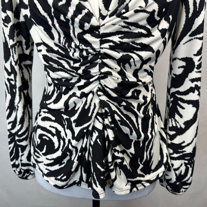 Alfani Women Sz P/P Black White Blouse V-Neck Ruched Front Long Sleeve