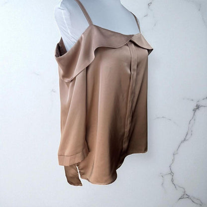 Elodie Women Camisole Sz L Satin Brown Spaghetti Straps Cold Shoulder 3/4 sleeve