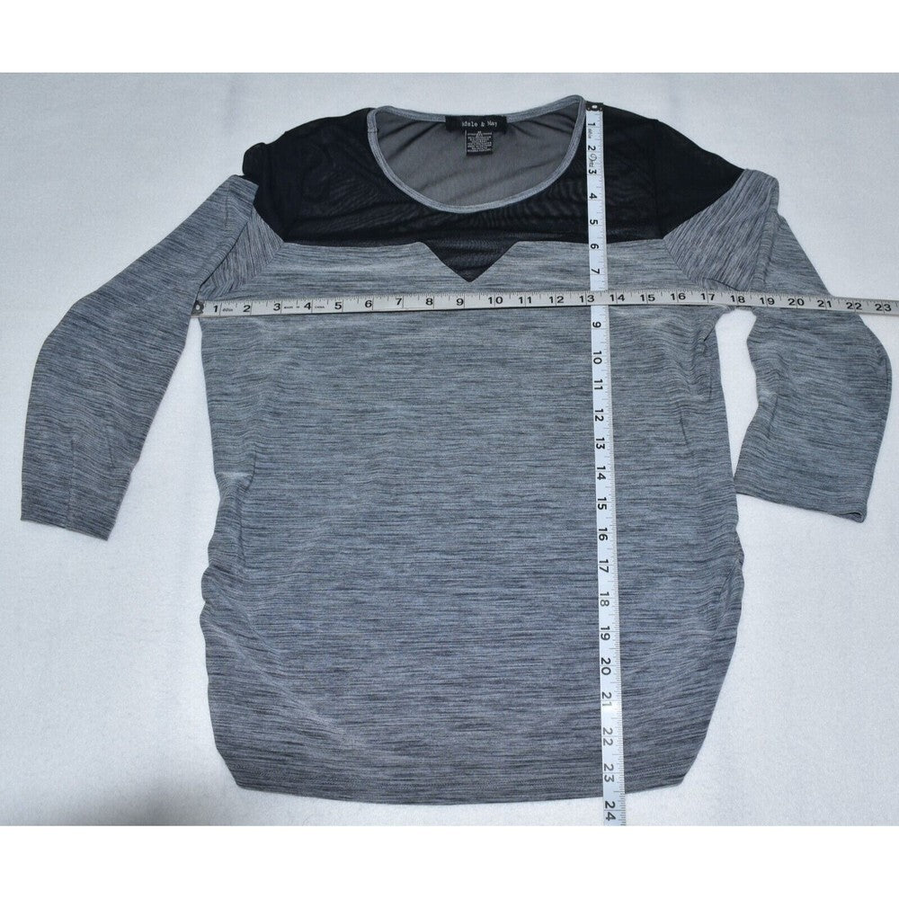 Adele & May Ladies Top Sz M Gray with Black Sheer Upper Front Ruched Sides