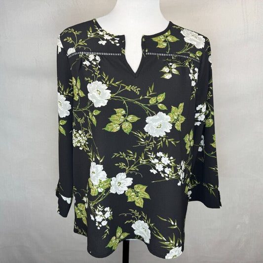 Fever Blouse Sz S Black Green White Floral Print VNeck Ladder Trim 3/4 Sleeves
