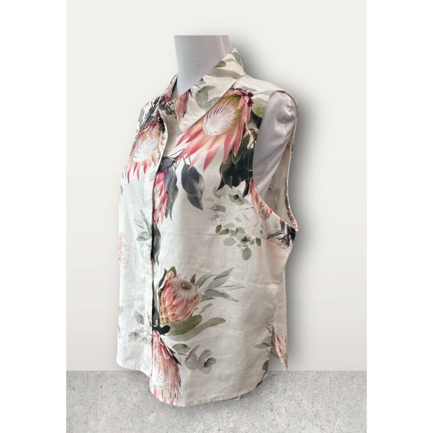 Express Shirt Sz L Ivory Floral Linen-Blend Sleeveless Button Dow Side Slits NWT