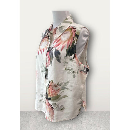 Express Shirt Sz L Ivory Floral Linen-Blend Sleeveless Button Dow Side Slits NWT