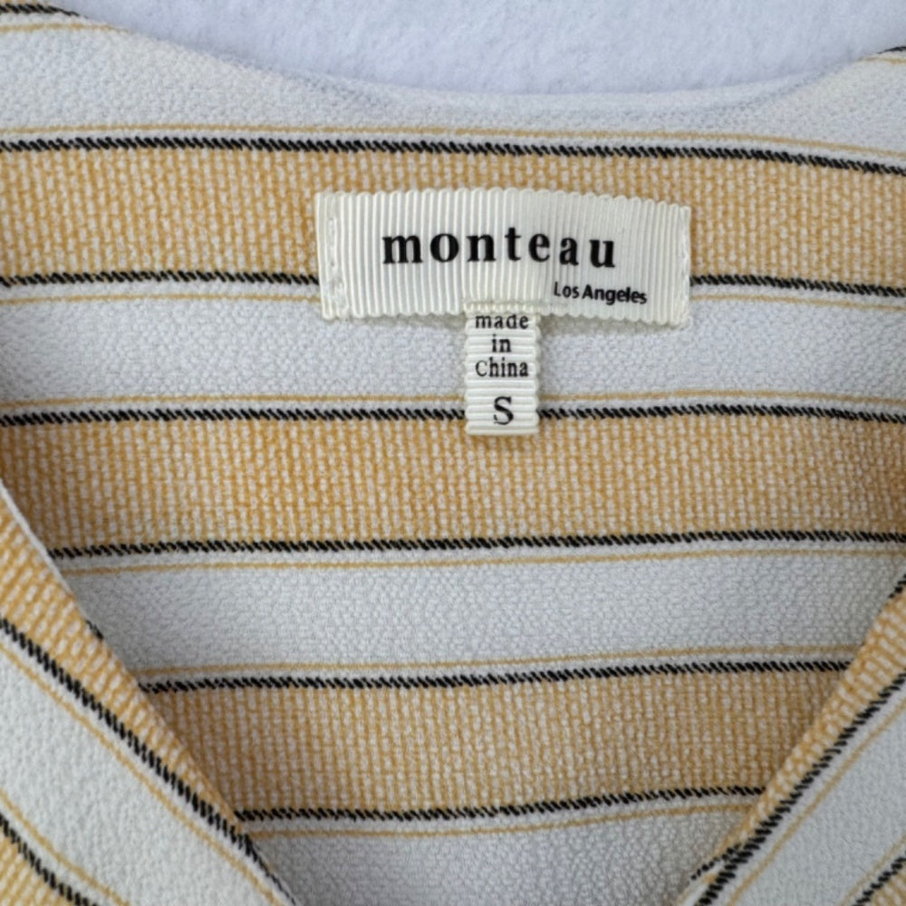 Monteau Ladies Crop Top Sz S Striped V-Neck flutter Sleeve Shirred Waist