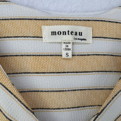 Monteau Ladies Crop Top Sz S Striped V-Neck flutter Sleeve Shirred Waist