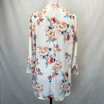 Rue 21 Blouse M White Floral Semi Sheer Tunic 3/4 roll up sleeve Lattice Details