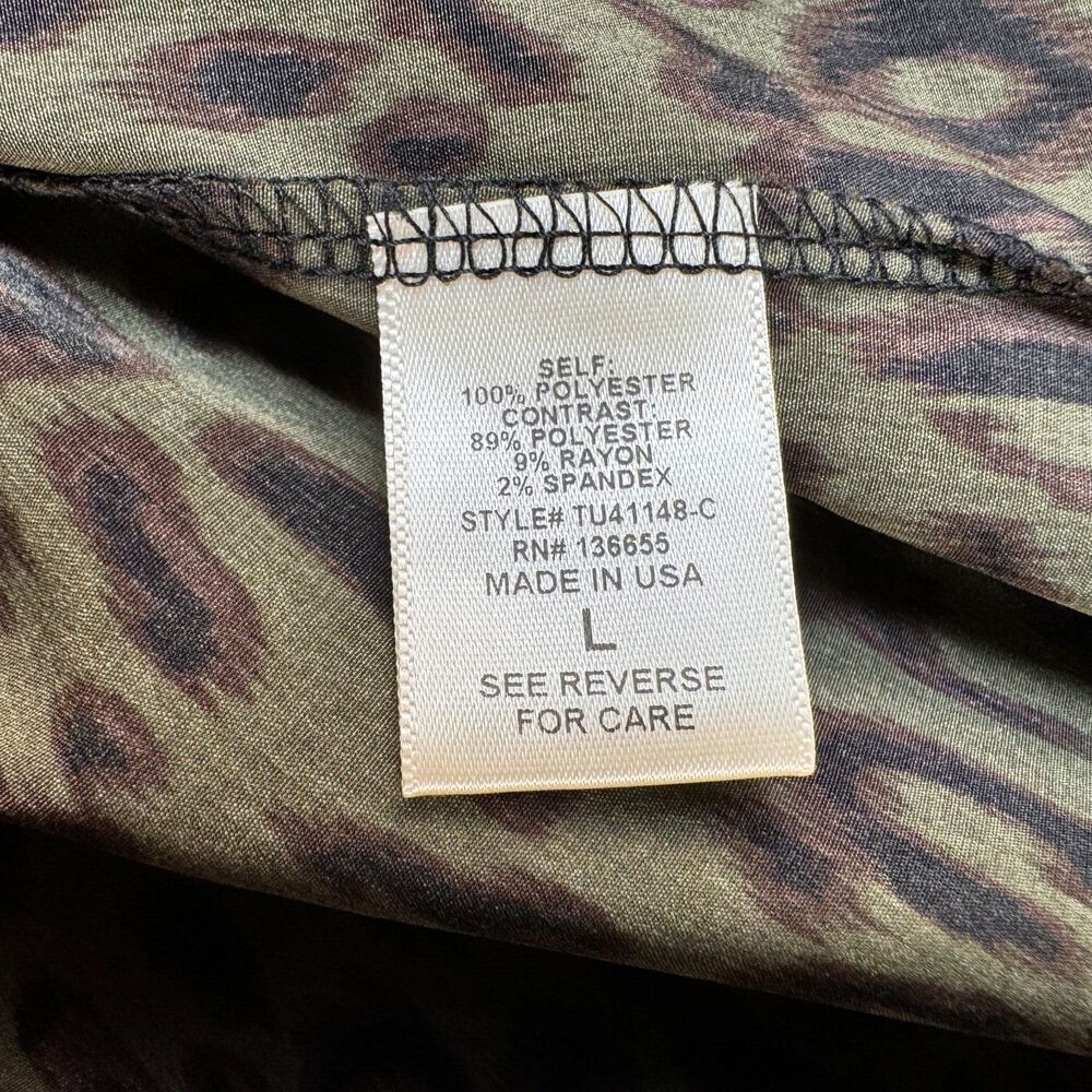 West Kei Ladies Top Sz L Dark Green Black Leopard Print Long Sleeve VNeck